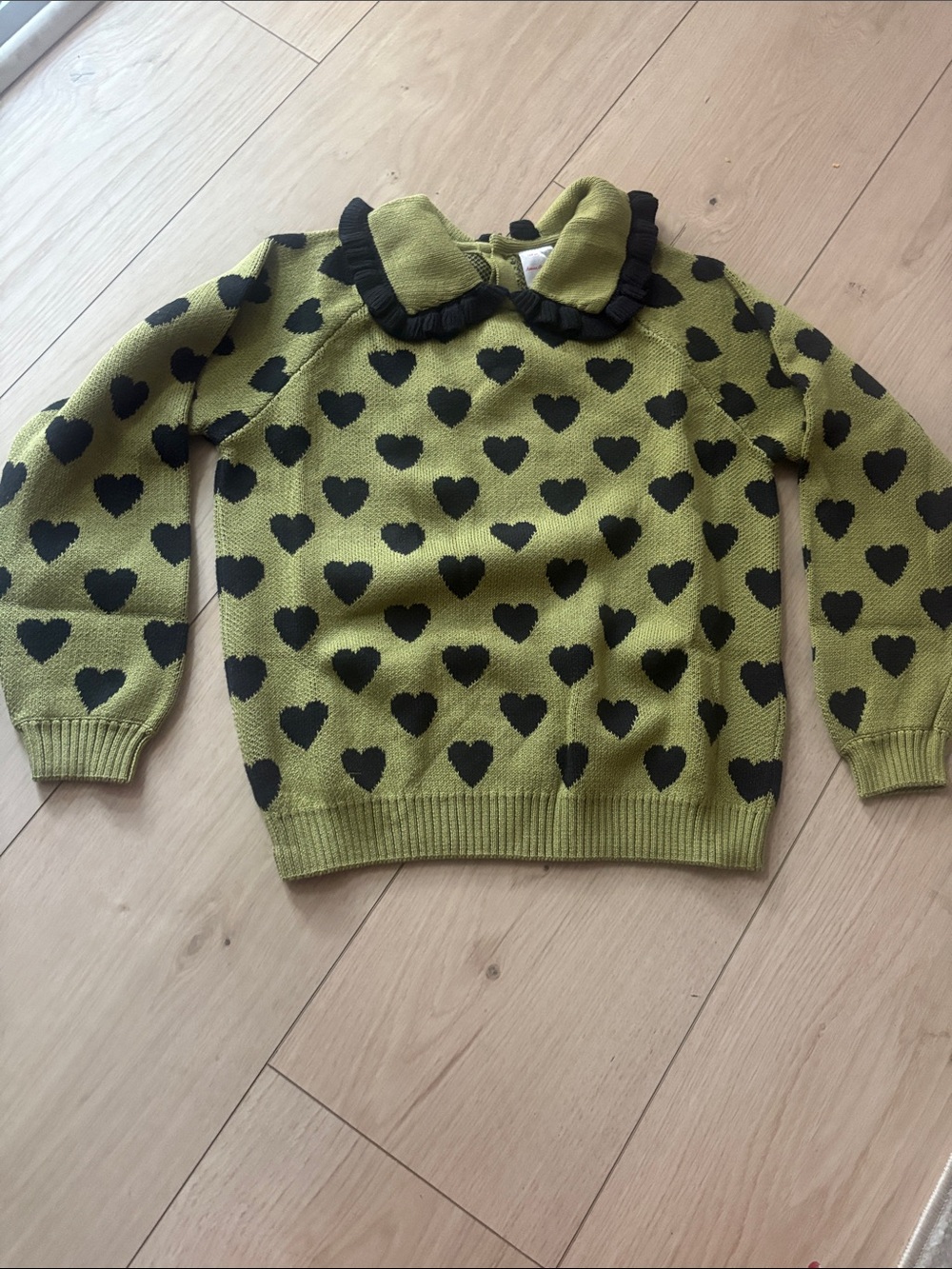 Hanna Andersson Olive Green Sweater with Black Heart Pattern